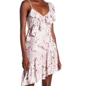 Parker Asymmetric Pastel Florals Spaghetti Strap Slip Ruffle Dress in Blush Lrg